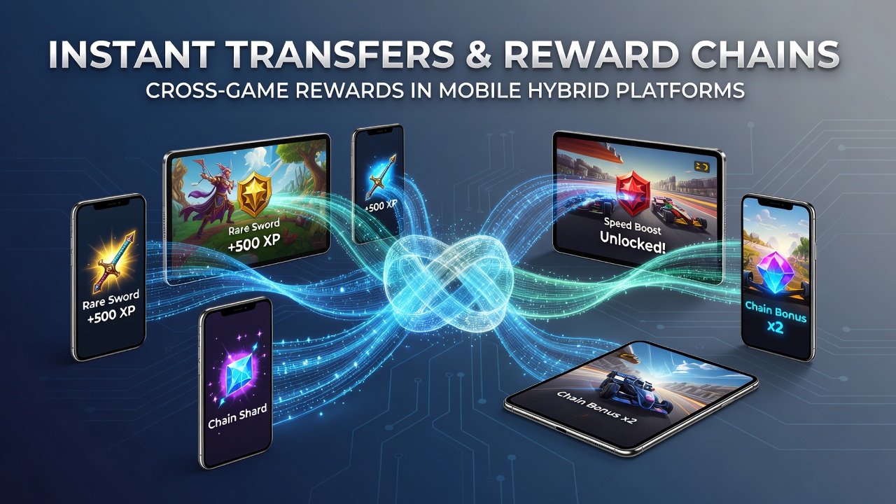 Illustration vernetzter Belohnungsketten durch Instant-Transfers in mobilen Hybrid-Plattformen