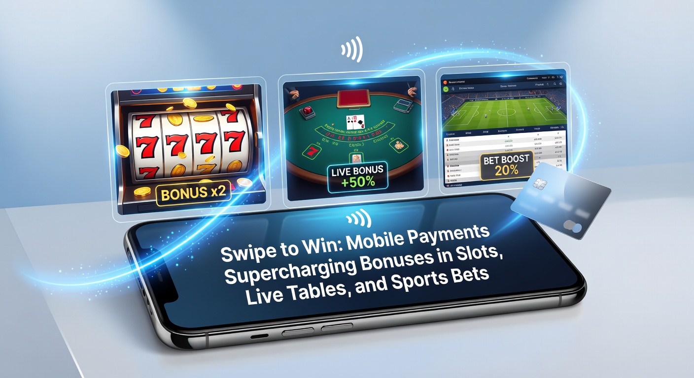 Smartphone mit Swipe-Geste für mobile Zahlung in einem Online-Casino-App, umgeben von Slots-Symbolen und Bonus-Icons
