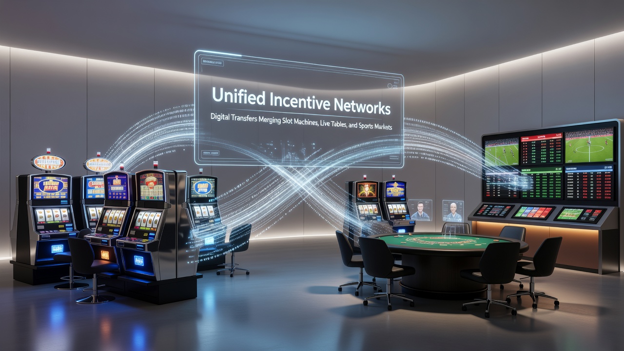 Darstellung vernetzter Belohnungssysteme mit digitalen Transfers zwischen Slots, Live-Tischen und Sportmärkten